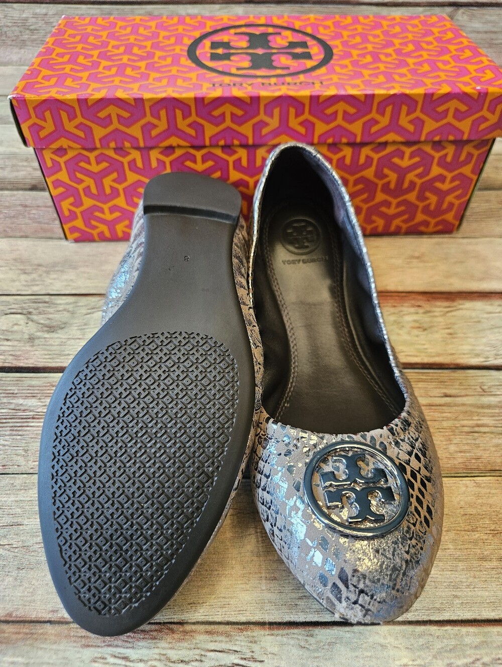 Tory Burch Heidi Metallic Snake-Embossed Leather Ballet Flats - Picture 3 of 9